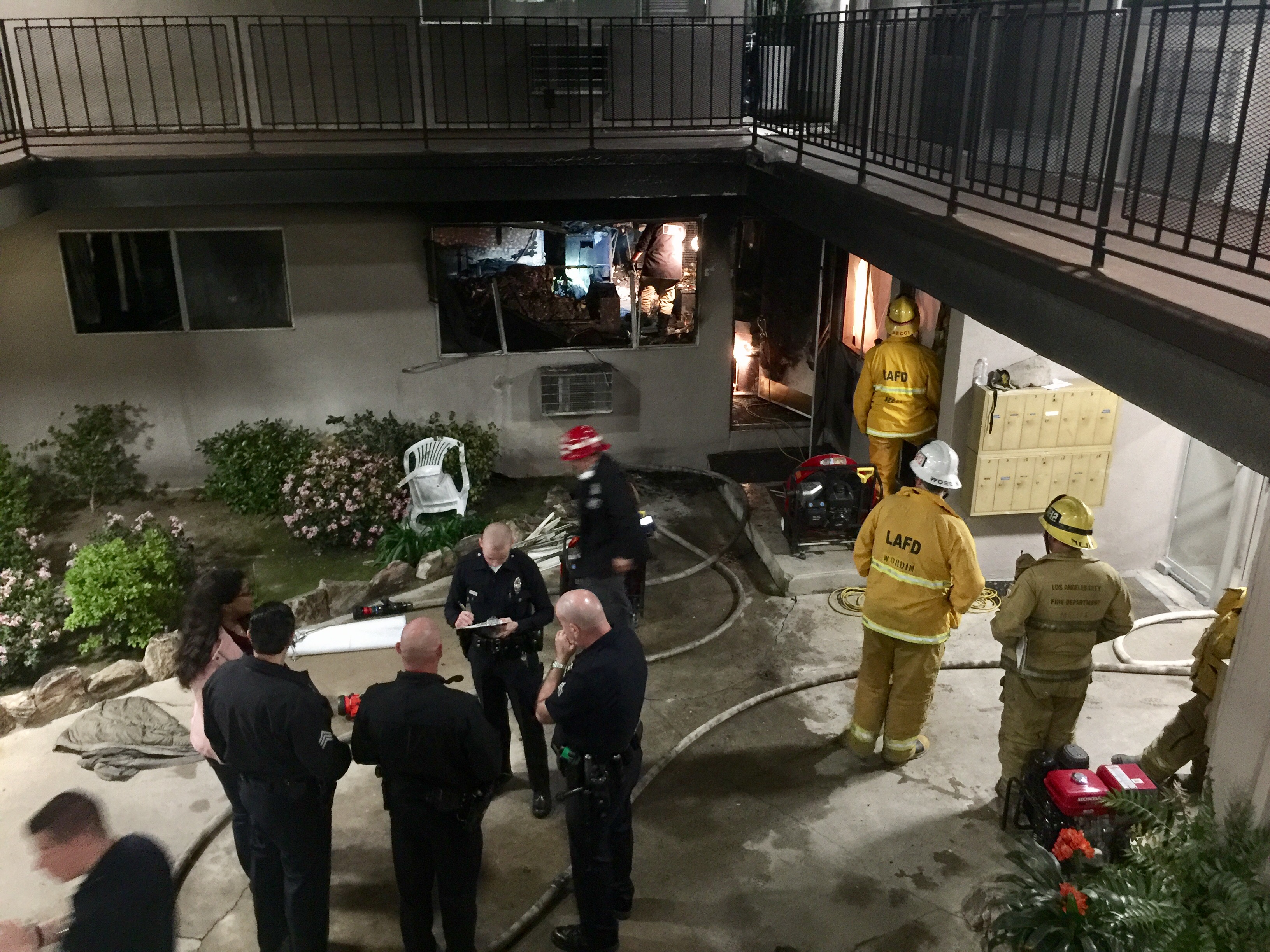 LAFD and LAPD at the scene of a deadly April 1, 2017 apartment fire in Tujunga
