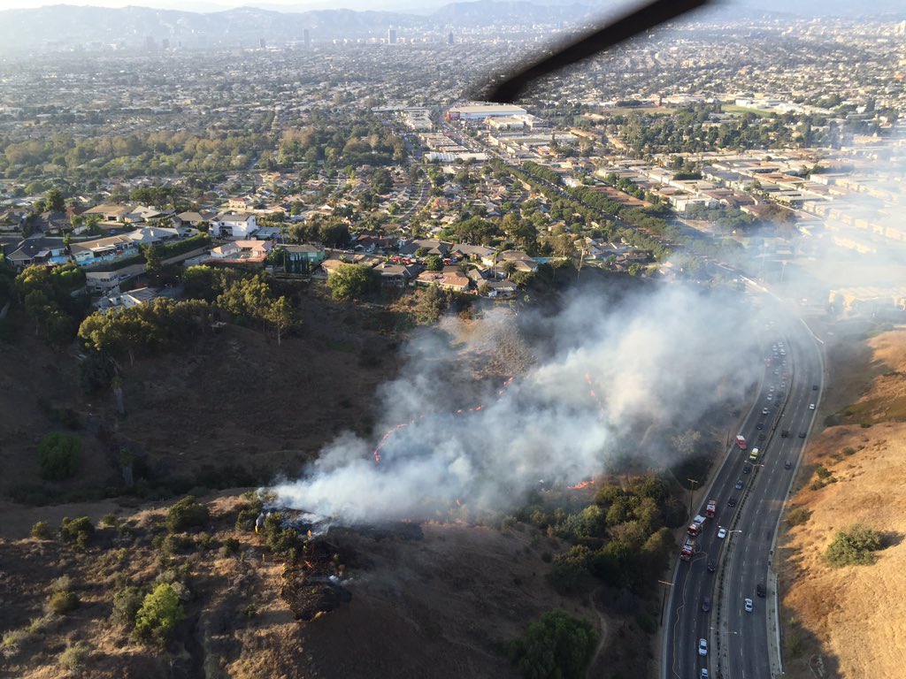 Aerial view of brushfire in Baldwin Hills