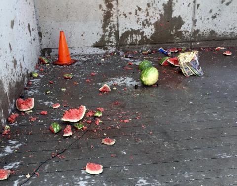 Watermelons blown up by fireworks. 