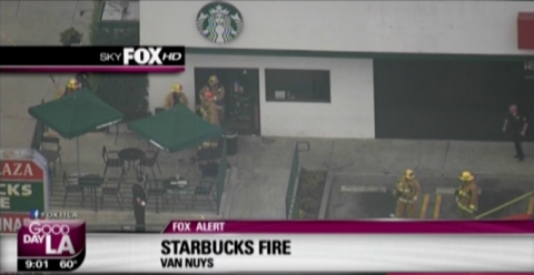 Helicopter view from Sky Fox HD of a Van Nuys Starbucks with fire and police out front.