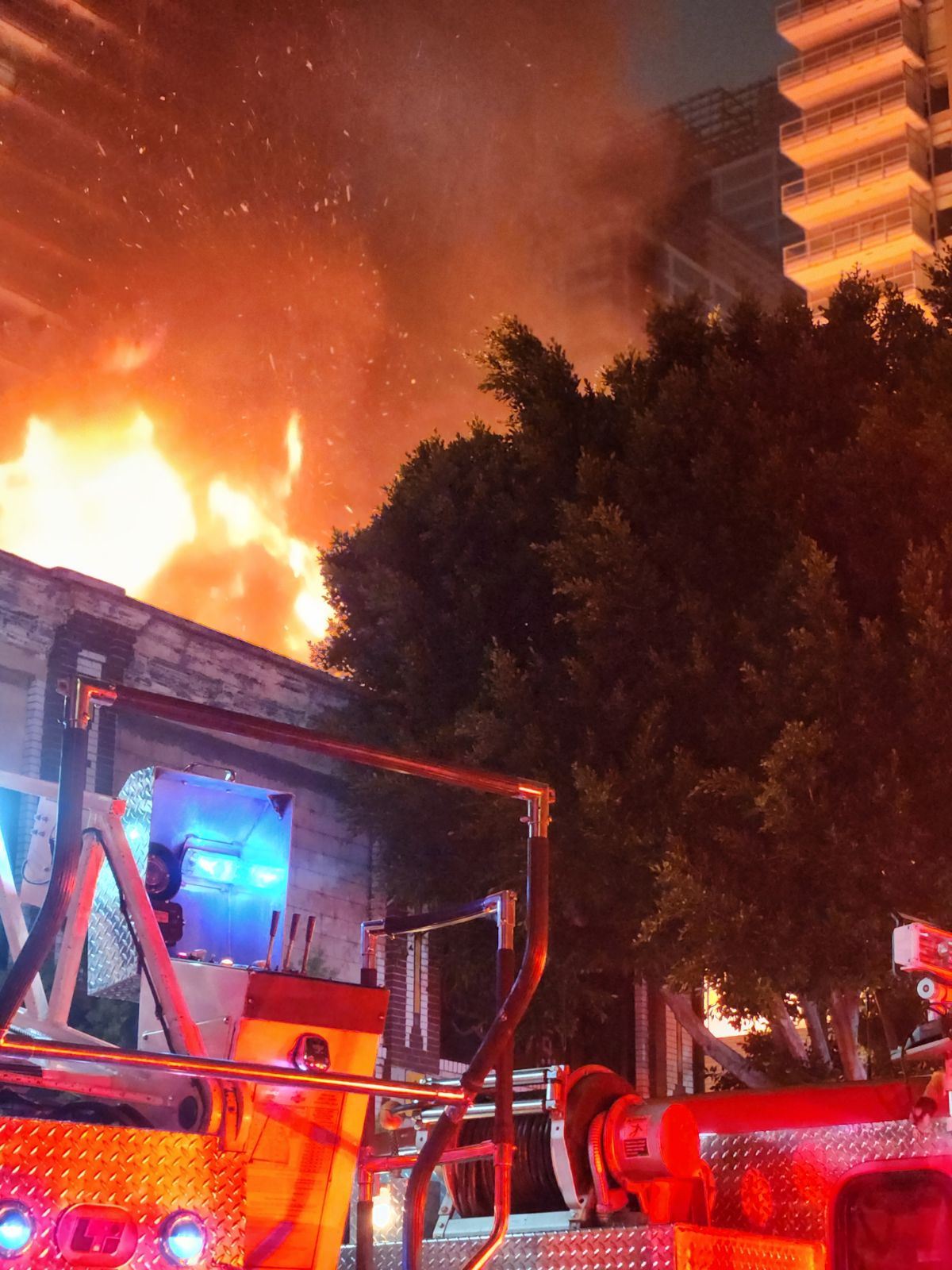 Roof collapse and the LAFD transitioning from a offensive fire attack to a defensive attack.  Photo Credit: Chief Melford Beard