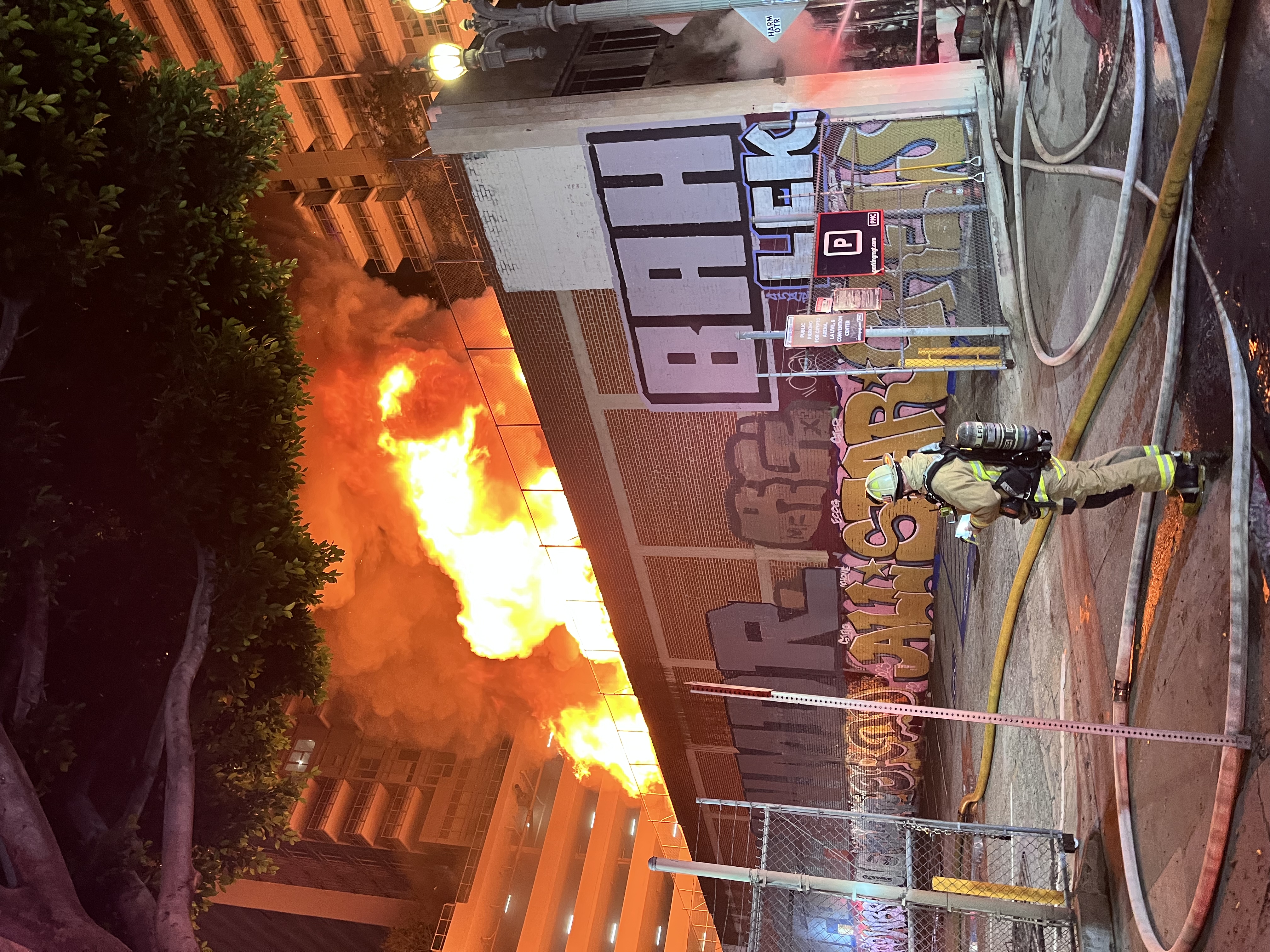 Major Emergency structure fire in a commercial building downtown Los Angeles.  LAFD made a defensive attack with heavy streams.  Photo Credit: LAFD Captain Cody Weireter