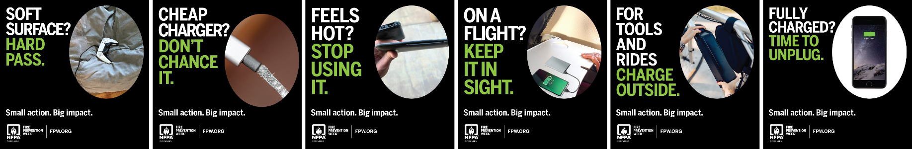 Six-panel battery safety tips: avoid soft surfaces and cheap chargers, stop if hot, watch devices on flights, charge tools outdoors, and unplug when full.