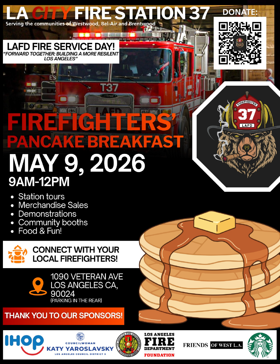 Alt text: Flyer for LA City Fire Station 37's Firefighters' Pancake Breakfast on May 9, 2026, 9 AM-12 PM. Shows a firetruck, bear mascot, and pancakes.