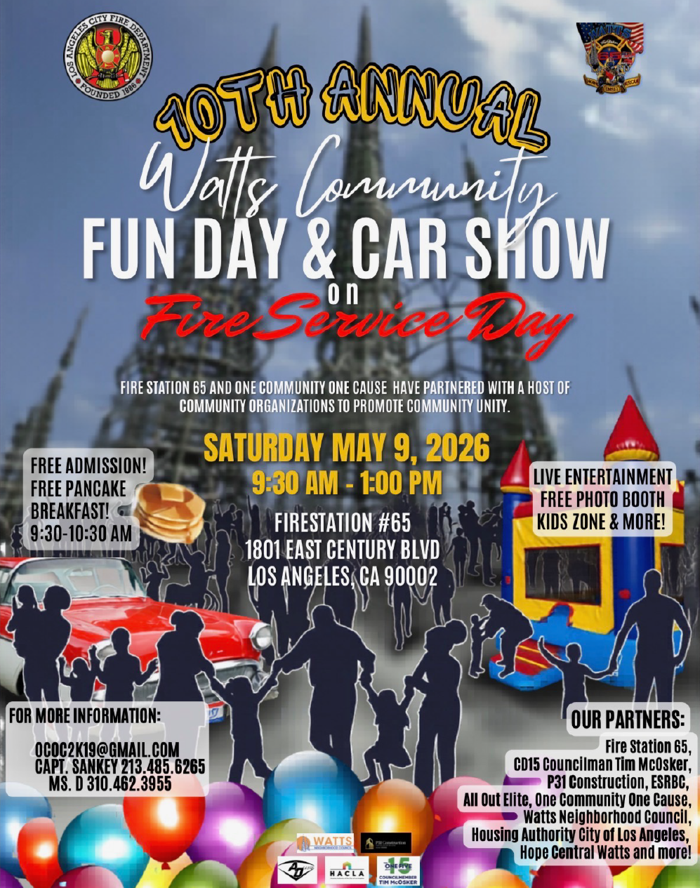 10th Annual Watts Community Fun Day & Car Show flyer with colorful graphics. Event details: May 9, 2026, 9:30 AM-1 PM, free pancake breakfast, live entertainment, kids zone, and more.