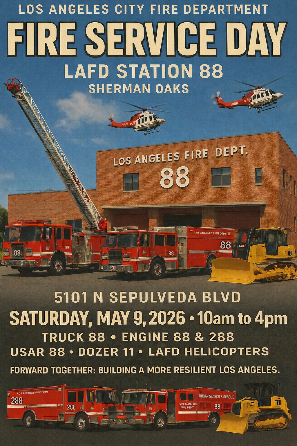 Flyer for "Fire Service Day" at LAFD Station 88 in Sherman Oaks. Features fire trucks, helicopters, and a dozer. Event details: May 9, 2026, 10am-4pm.