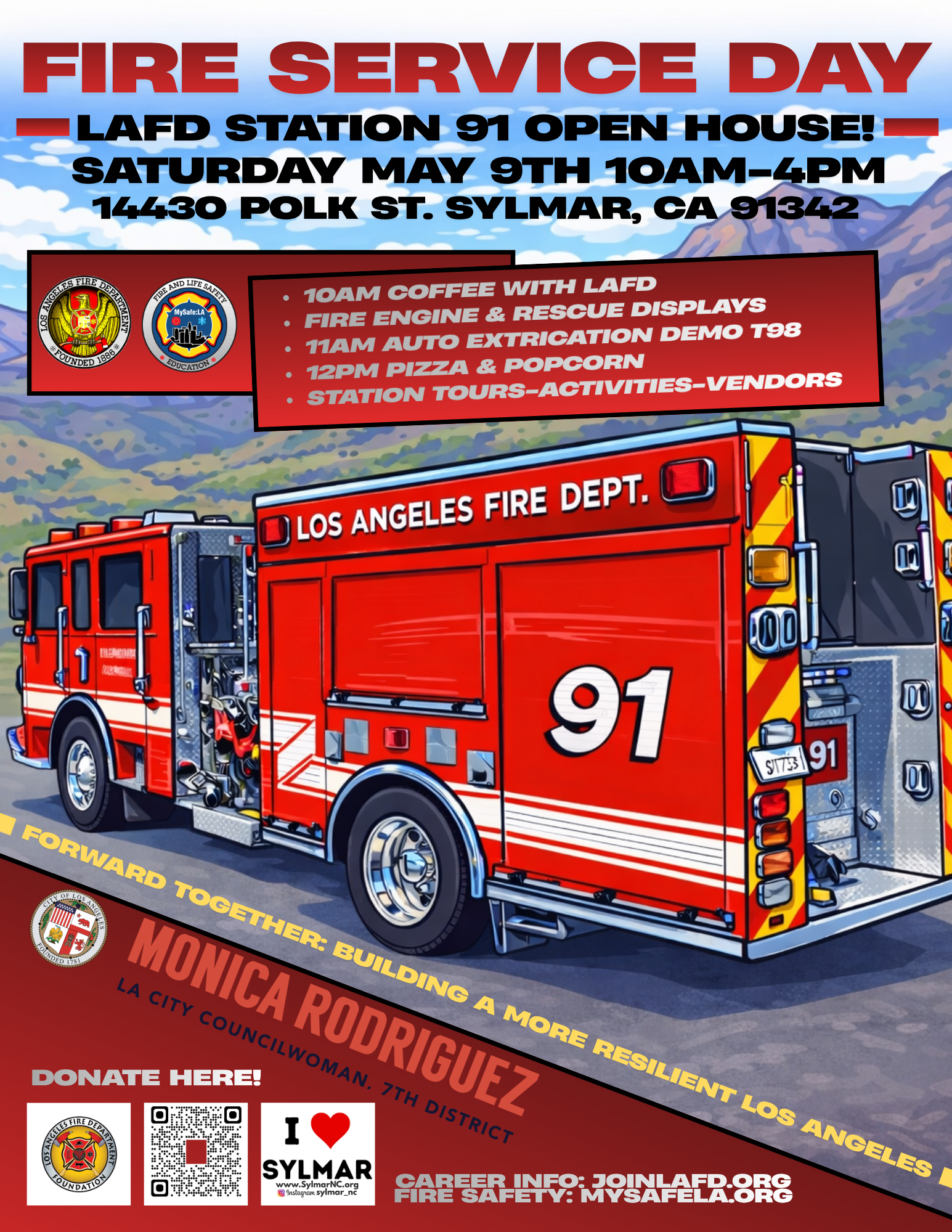 Poster for "Fire Service Day" at LAFD Station 91 on May 9th, features a fire truck and event details. Includes coffee at 10AM, an auto extrication demo at 11AM, and pizza at noon.