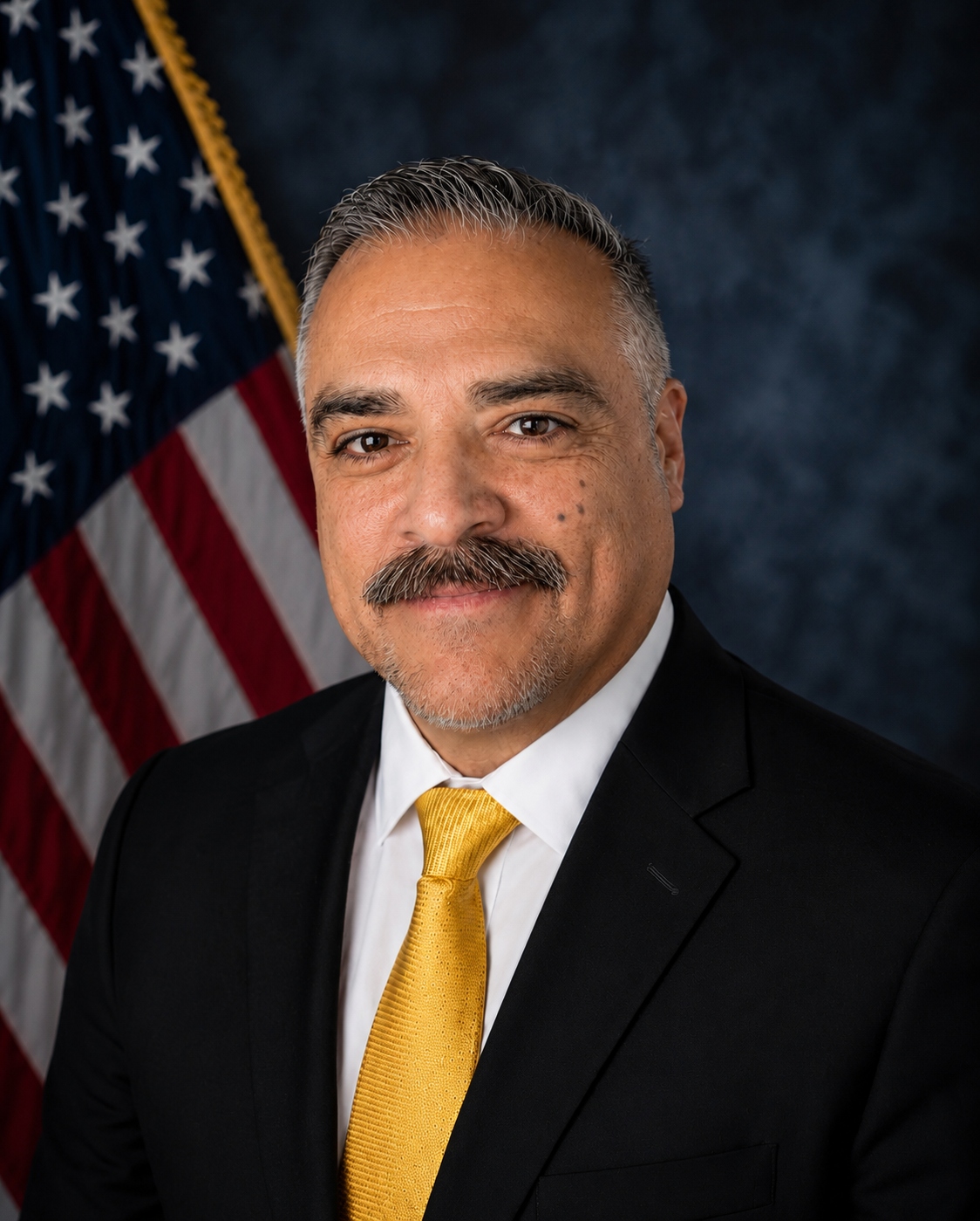 A formal head-and-shoulders portrait of a person wearing a black suit, white dress shirt, and bright yellow tie, smiling slightly at the camera. They have short gray hair, a neatly trimmed mustache and goatee, and are posed in front of a dark blue studio backdrop with a U.S. flag visible on the left side of the image. The lighting is even and professional, typical of an official or organizational portrait.