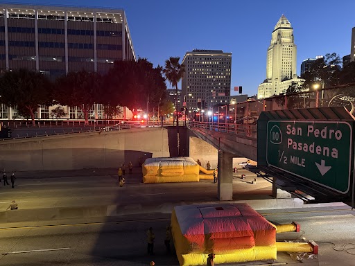 Night view of the rescue air cushions placed on the freeway by the LAFD.
