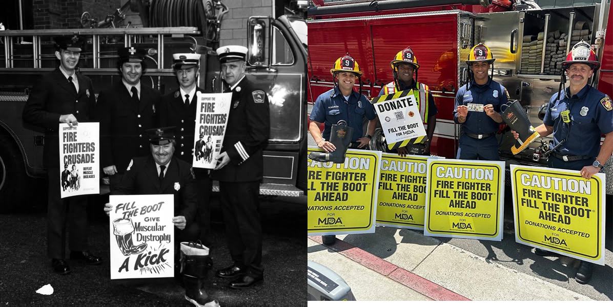 Split image of firefighters fundraising. Left: vintage black-and-white scene with five firefighters, signs promoting a muscular dystrophy drive. Right: modern color scene with four firefighters holding yellow "Fill the Boot" signs, smiling.