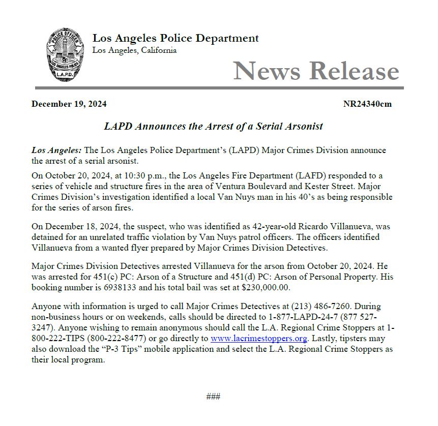 Press release announcing arrest of serial arsonist