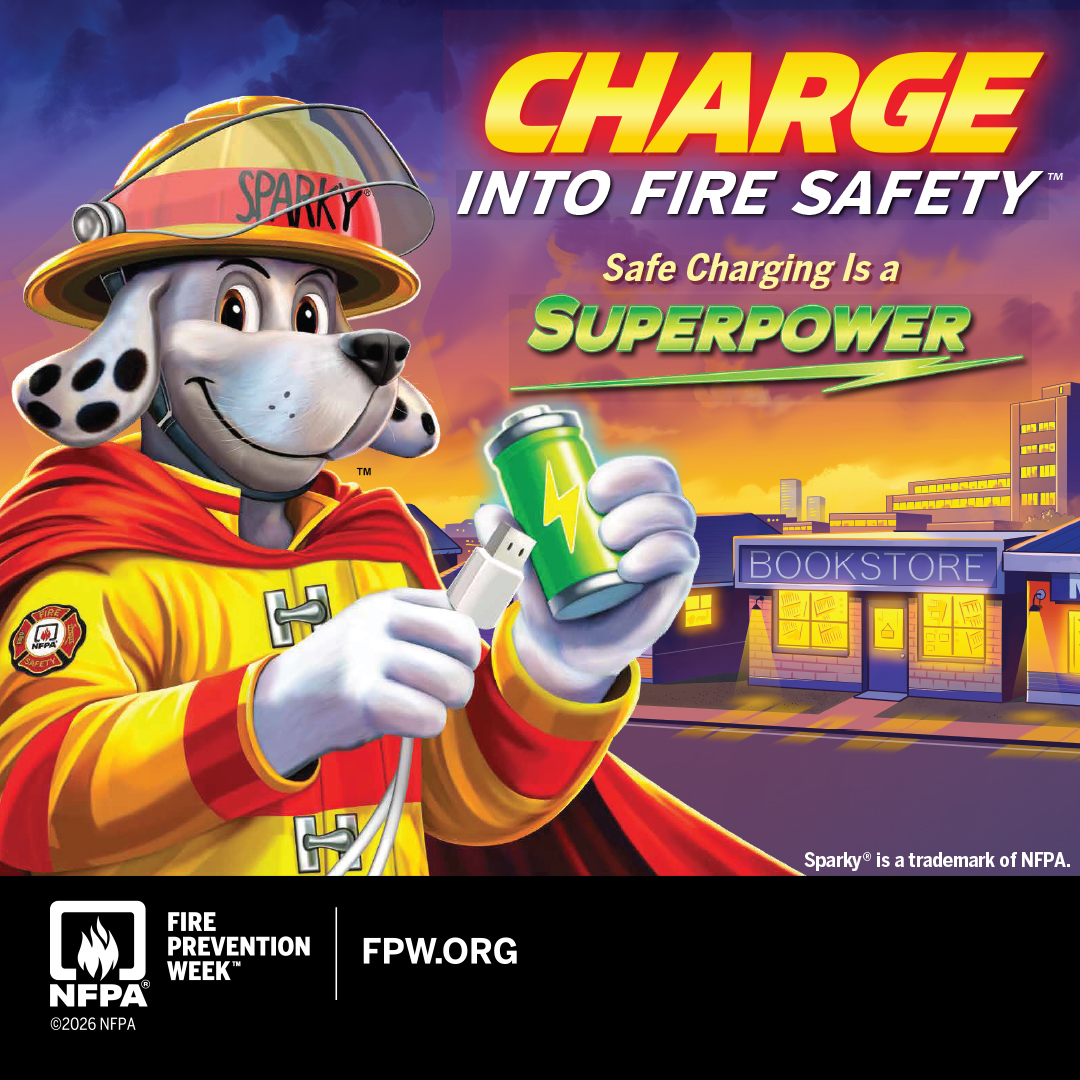 Cartoon Dalmatian firefighter Sparky holds a glowing green battery, promoting safe charging against a sunset city backdrop; bold, upbeat fire-safety poster. "Charge into fire safety: Safe Charging is a superpower."