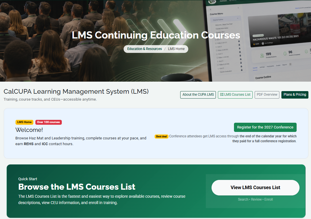 Screenshot of CUPA Learning Management Webpage