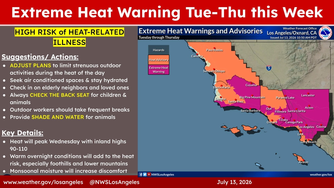 Extreme heat warning map showing impacted areas and suggested actions and details